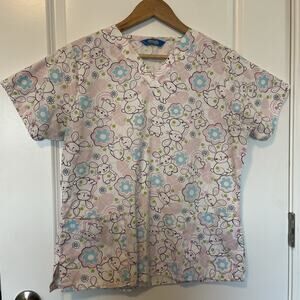 Uniform City Scrub Wear Easter Scrub Top Bunnies Floral Eggs Size M Pink White